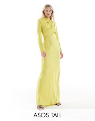 Asos Tall Asos Design Tall Satin Button Shoulder Maxi Dress With Drape Bodice Detail In Lime-green