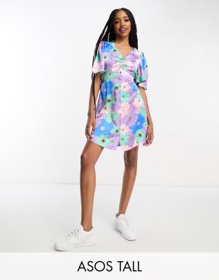 Asos Design Tall Satin Button Through Mini Tea Dress With Flutter Sleeve In Retro Floral Print-Multi