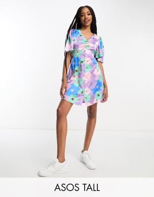 Asos Tall Asos Design Tall Satin Button Through Mini Tea Dress With Flutter Sleeve In Retro Floral Print-multi