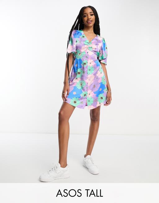 ASOS DESIGN Tall satin button through mini tea dress with flutter sleeve in retro floral print