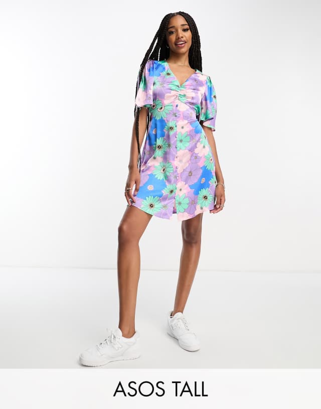 ASOS DESIGN Tall satin button through mini tea dress with flutter sleeve in retro floral print