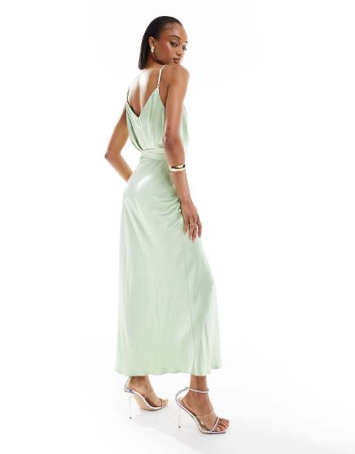 sage green cami dress boohoo Women's Tonal Chiffon Tiered Maxi Cami Dress in Sage