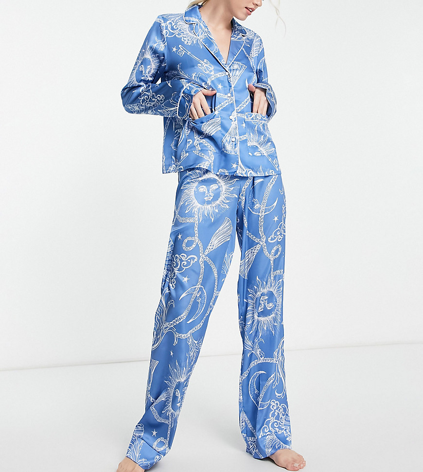 ASOS DESIGN Tall satin celestial baroque shirt & pants pajama set in blue & white-Navy