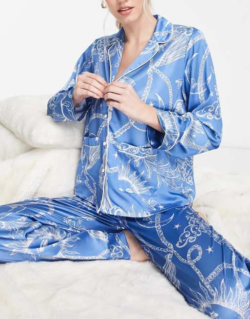 ASOS DESIGN premium monogram traditional satin shirt & pant pajama