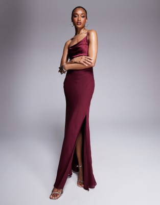 ASOS DESIGN Tall satin chiffon mix draped one shoulder maxi dress in burgundy-Red