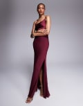 [ASOS Tall] ASOS DESIGN Tall satin chiffon mix draped one shoulder maxi dress in burgundy-Red 4 BURGUNDY