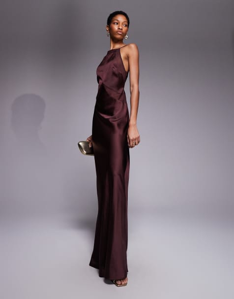 ASOS DESIGN Tall satin chiffon mix square high neck maxi dress in chocolate - view 1