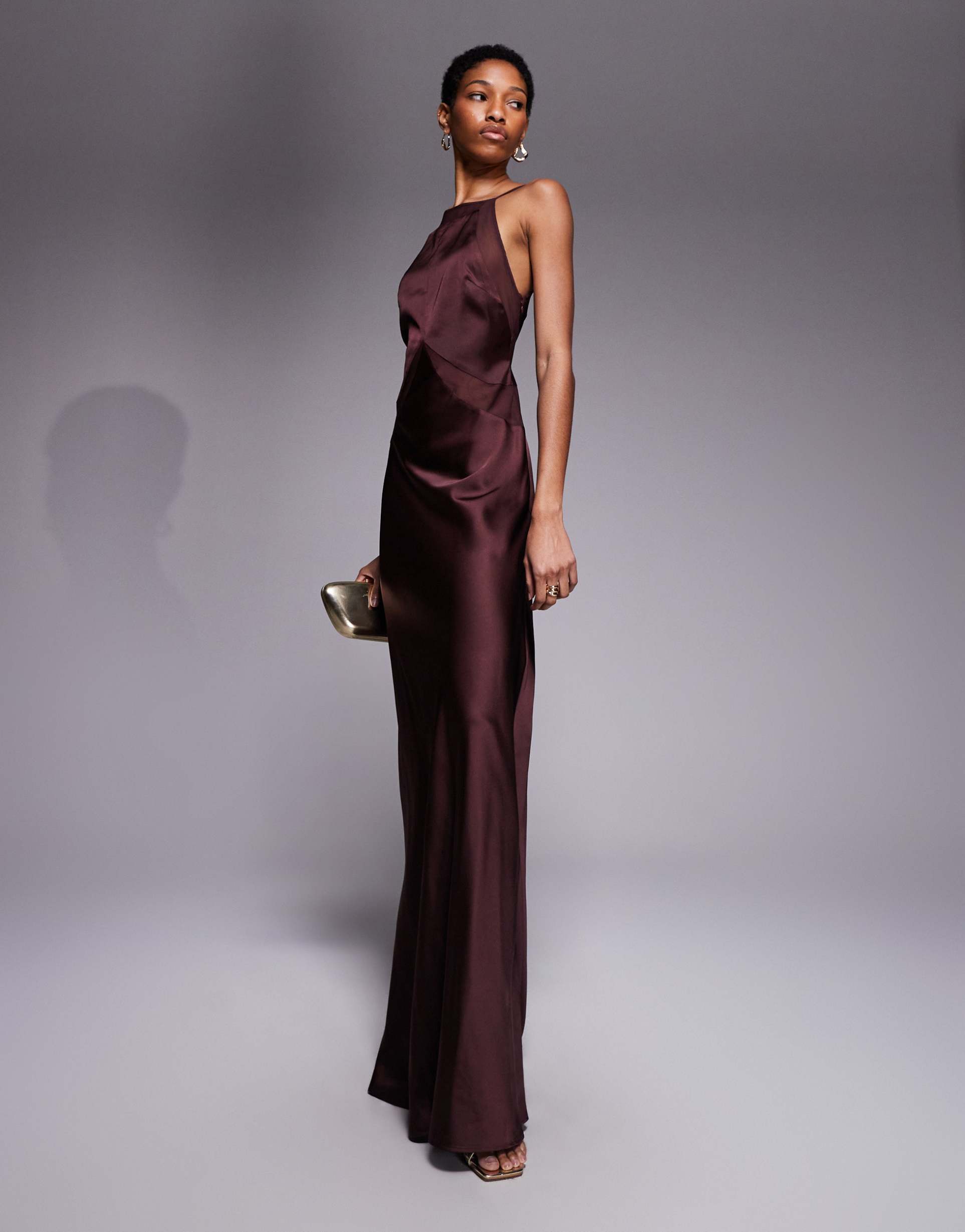 asos design tall satin chiffon mix square high neck maxi dress in chocolate