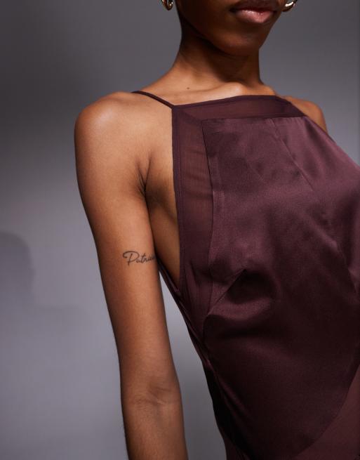 ASOS DESIGN Tall satin chiffon mix square high neck maxi dress in chocolate, 2 of 4