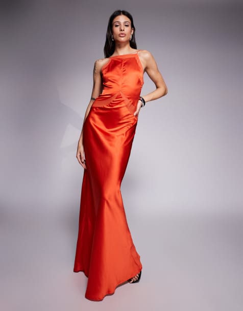 ASOS DESIGN Tall satin chiffon mix square high neck maxi dress in red - view 1