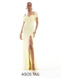 [ASOS Tall] ASOS DESIGN Tall satin corset detail chiffon bias maxi dress with flutter sleeve in lemon-Yellow 18 Lemon