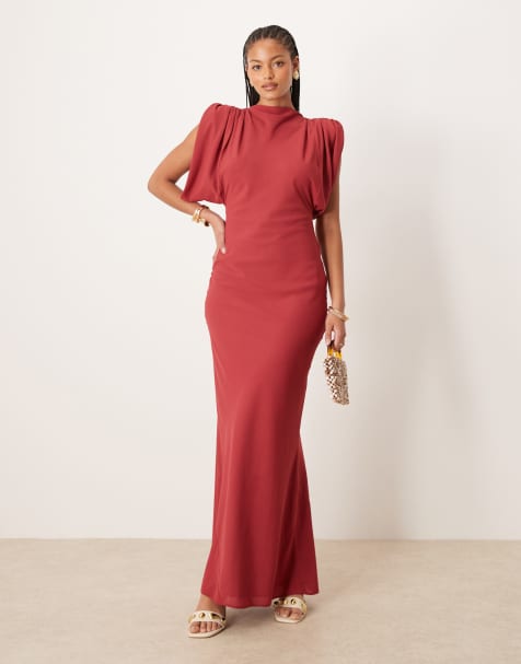 ASOS DESIGN Tall satin cowl back midaxi dress in deep red - view 1