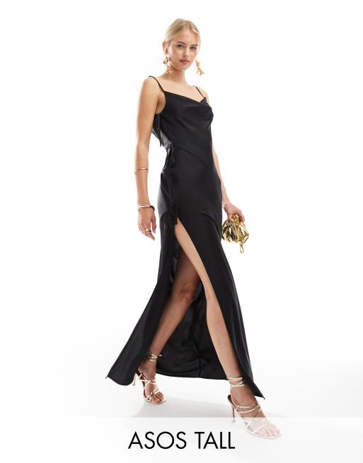 ASOS DESIGN Tall satin cowl front strappy maxi dress with tie detail in black