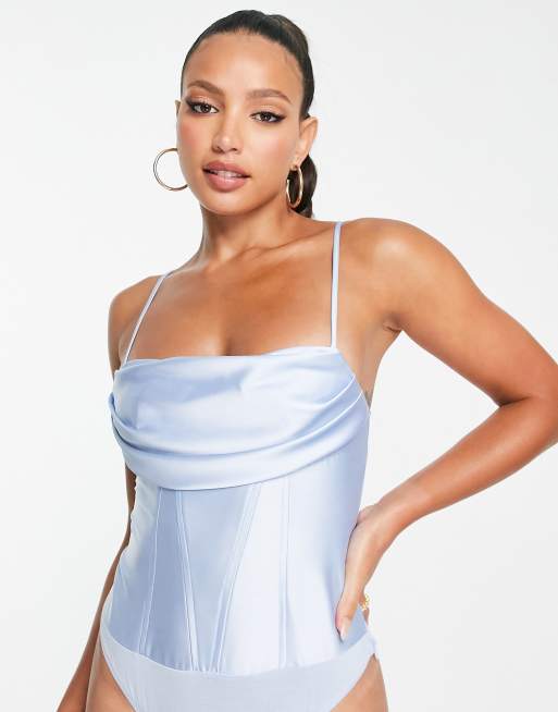 ASOS DESIGN Tall satin cowl neck corset bodysuit with seam detail in baby  blue