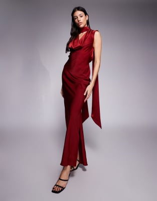 ASOS Tall ASOS DESIGN Tall satin cowl neck midi dress with scarf neck ties and twist back in burgundy-Red