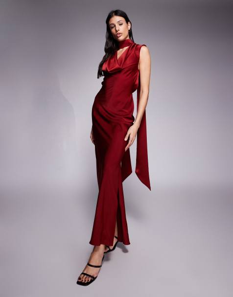 ASOS DESIGN Tall satin cowl neck midi dress with scarf neck ties and twisted back in burgundy - view 1
