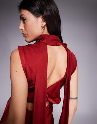 Asos Tall Asos Design Tall Satin Cowl Neck Midi Dress With Scarf Neck Ties And Twisted Back In Red