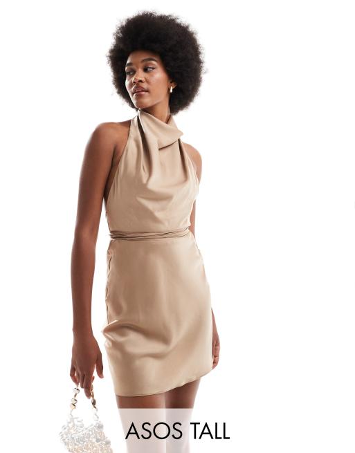 ASOS DESIGN Tall satin cowl neck mini dress with tie waist in taupe ASOS