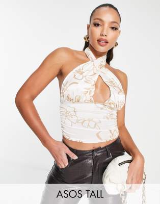 ASOS Tall ASOS DESIGN Tall satin cross front halter crop top in floral-Multi