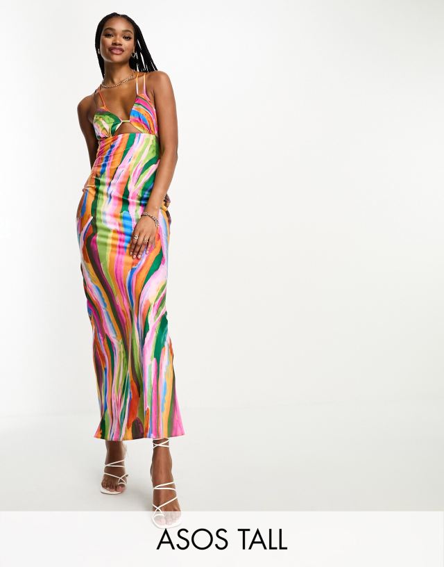 ASOS Tall - ASOS DESIGN Tall satin cut out detail bust maxi dress in multi stripe print