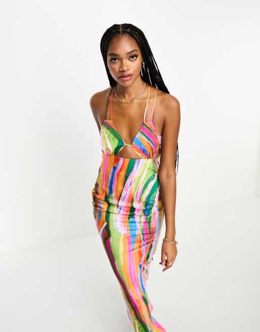 ASOS DESIGN Tall satin cut out detail bust maxi dress in multi