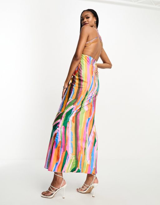 ASOS DESIGN Tall satin cut out detail bust maxi dress in multi stripe print ASOS