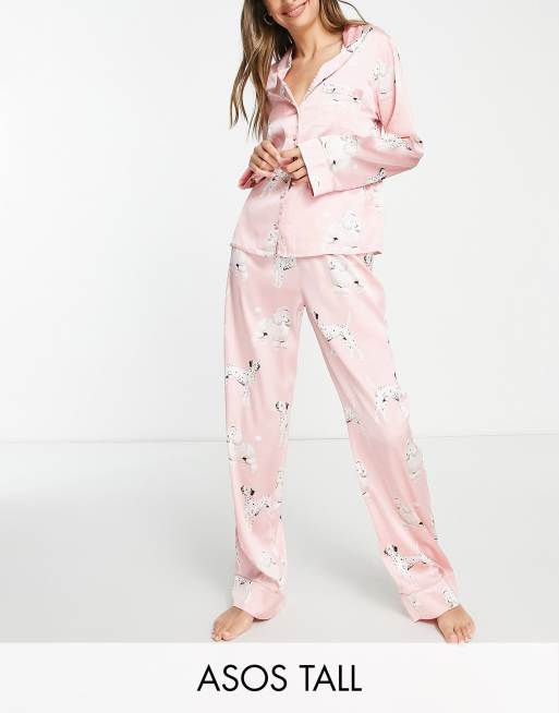 ASOS DESIGN Tall satin long sleeve shirt & pants pajama set in pink