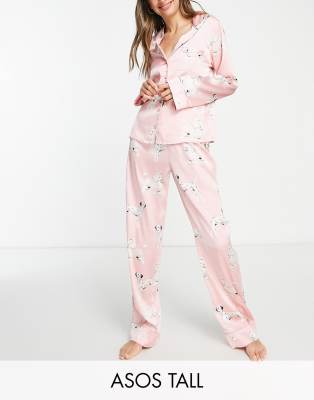 ASOS DESIGN Tall satin dog print shirt & trouser pyjama set in pink