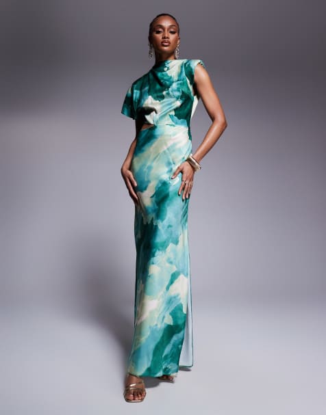 ASOS DESIGN Tall satin drape asymmetric cutout midi dress in blue abstract print - view 1