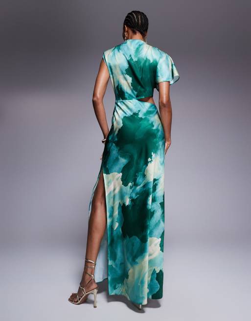 ASOS DESIGN Tall satin drape asymmetric cutout midi dress in
