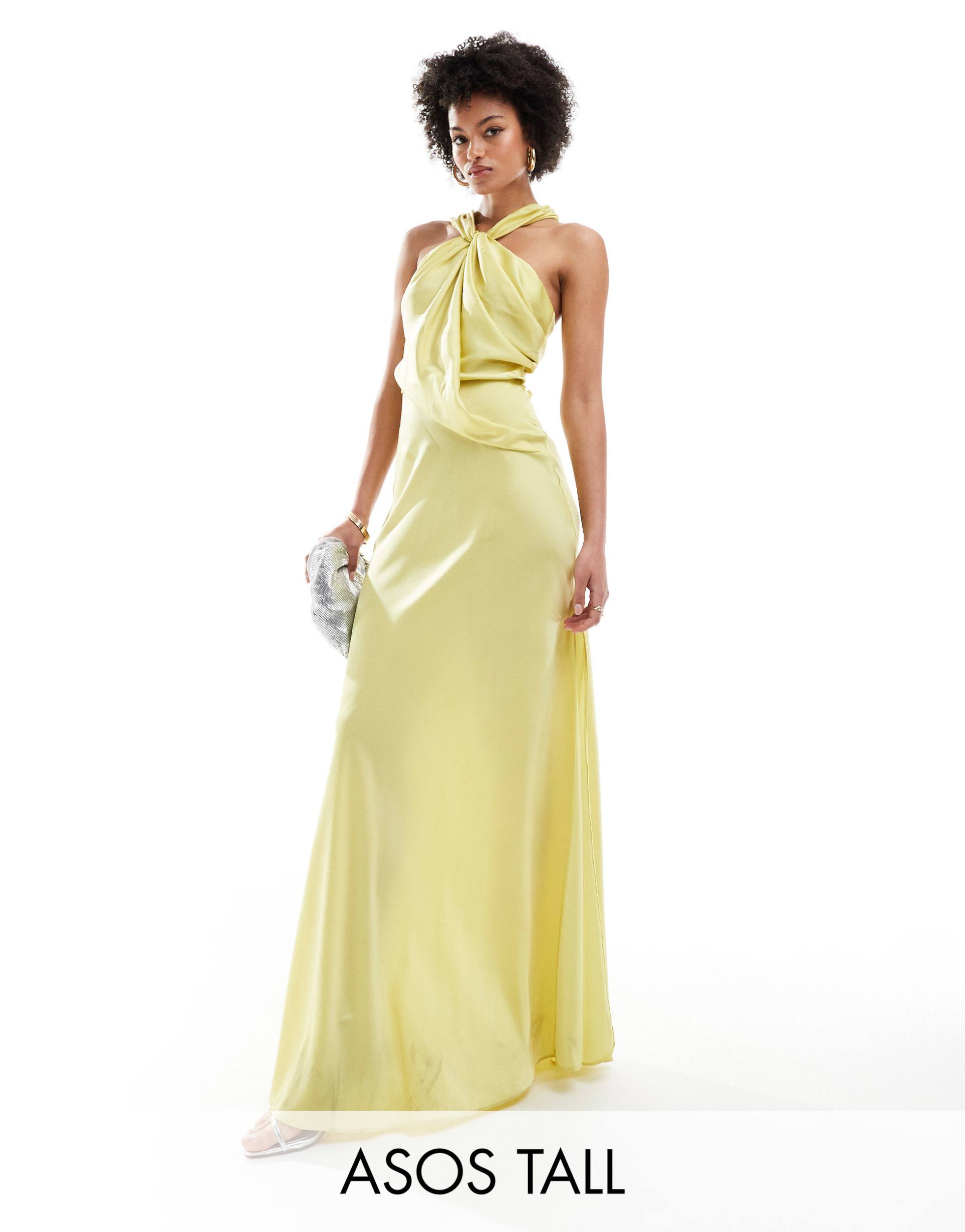 asos design tall satin drape asymmetric maxi dress in dark lime