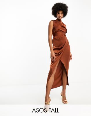 Asos Tall Asos Design Tall Satin Drape Dress With Wrap Skirt In Chocolate-red