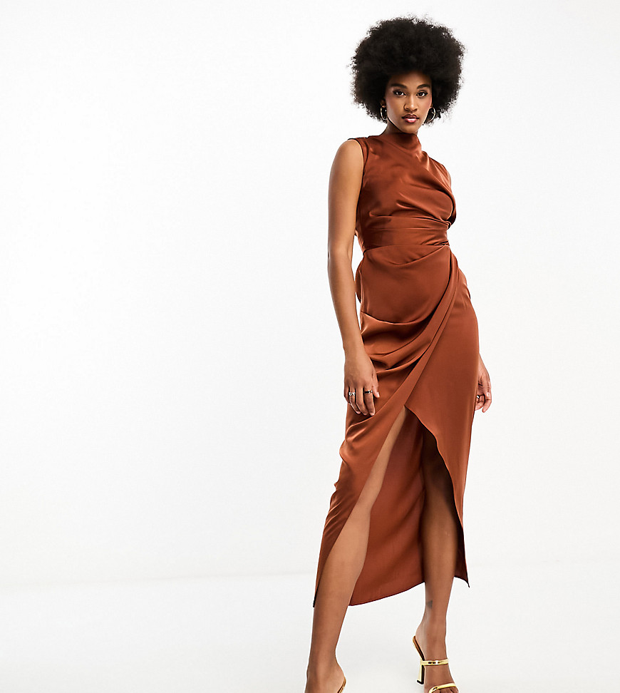 ASOS DESIGN Tall satin drape dress with wrap skirt in chocolate-Red
