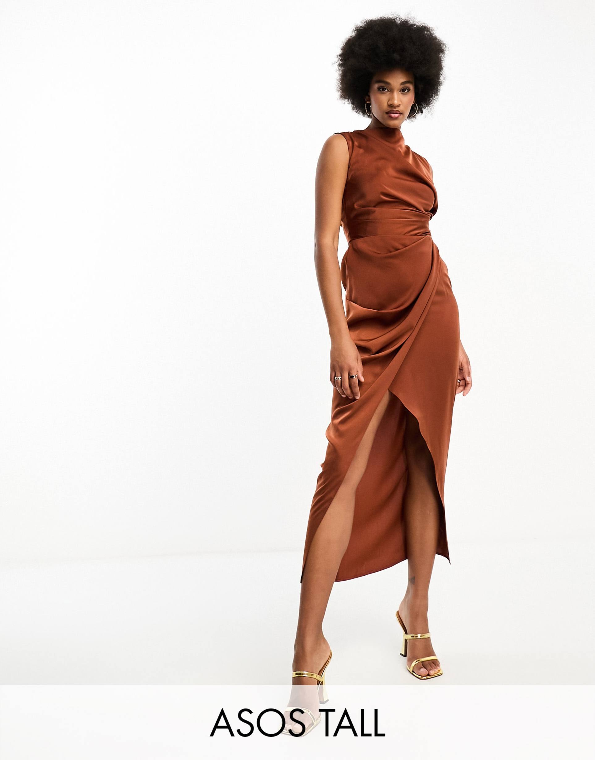 asos design tall satin drape dress with wrap skirt in chocolate