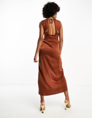 リルアー　drape design dress M-Long brown Asymmetrically Draped Dress