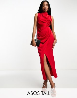 ASOS DESIGN Tall satin drape dress with wrap skirt in red