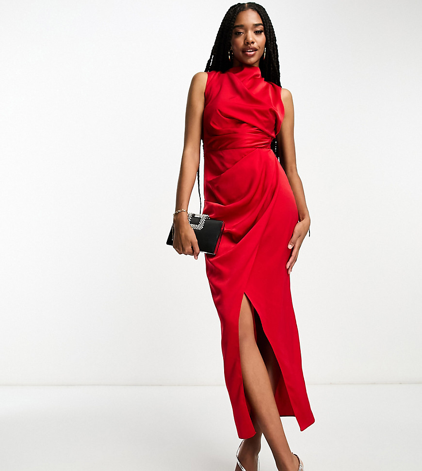 Asos Tall Asos Design Tall Satin Drape Dress With Wrap Skirt In Red