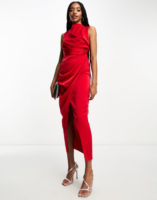 ASOS DESIGN Tall satin drape dress with wrap skirt in red ASOS