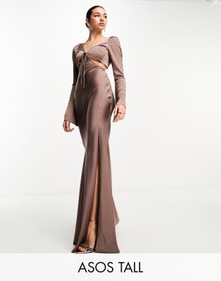 ASOS DESIGN Tall satin flare sleeve cut out maxi dress in mocha-Brown