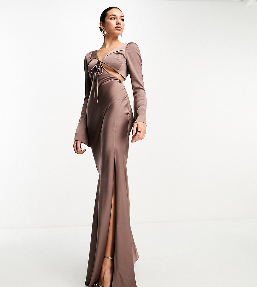 Asos Tall Asos Design Tall Satin Flare Sleeve Cut Out Maxi Dress In Mocha-brown