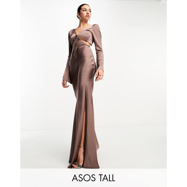 リルアー　drape design dress M-Long brown Long Sleeve Draped Detail Maxi Dress Brown - Luxe Maxi
