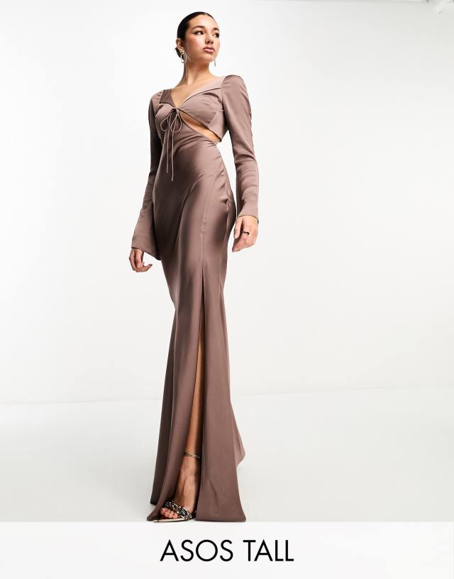 ASOS Tall - ASOS DESIGN Tall satin flare sleeve cut out maxi dress in mocha