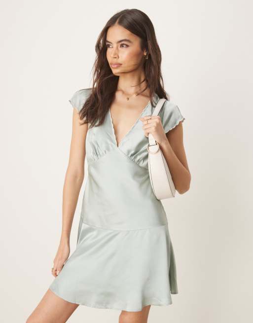 ASOS DESIGN Tall satin flippy mini dress with scallop trim in pale blue, 2 of 4