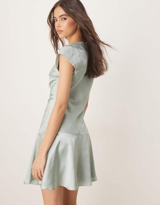 ASOS DESIGN Tall satin flippy mini dress with scallop trim in pale blue, 4 of 4