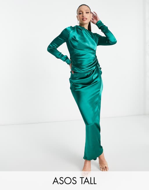 ASOS DESIGN Tall satin high drape neck maxi dress in green