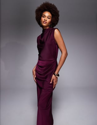 Asos Tall Asos Design Tall Satin High Neck Pleated Bodice Midi Dress In Burgundy