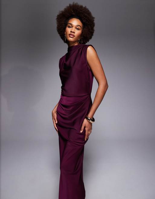 ASOS DESIGN Tall satin high neck pleated bodice midi dress in berry