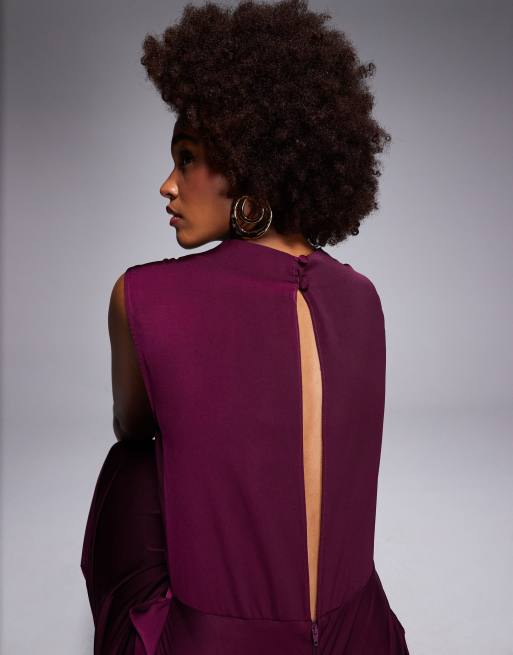 ASOS DESIGN Tall satin high neck pleated bodice midi dress in berry, 3 of 4