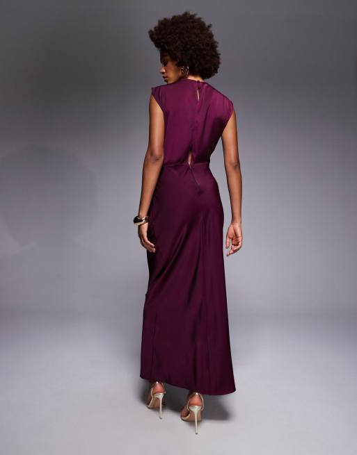 ASOS DESIGN Tall satin high neck pleated bodice midi dress in berry