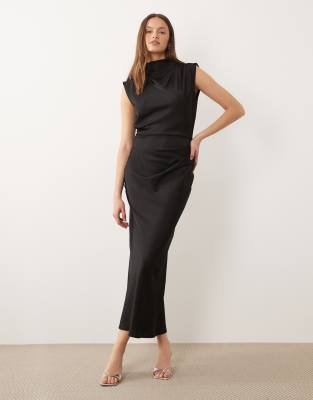 Asos Tall Asos Design Tall Satin High Neck Pleated Bodice Midi Dress In Red